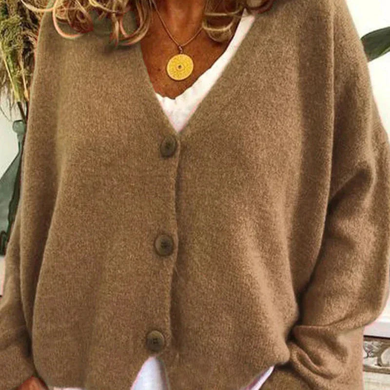 Women's Knitted Cardigan – V-Neck Button-Up – Khaki