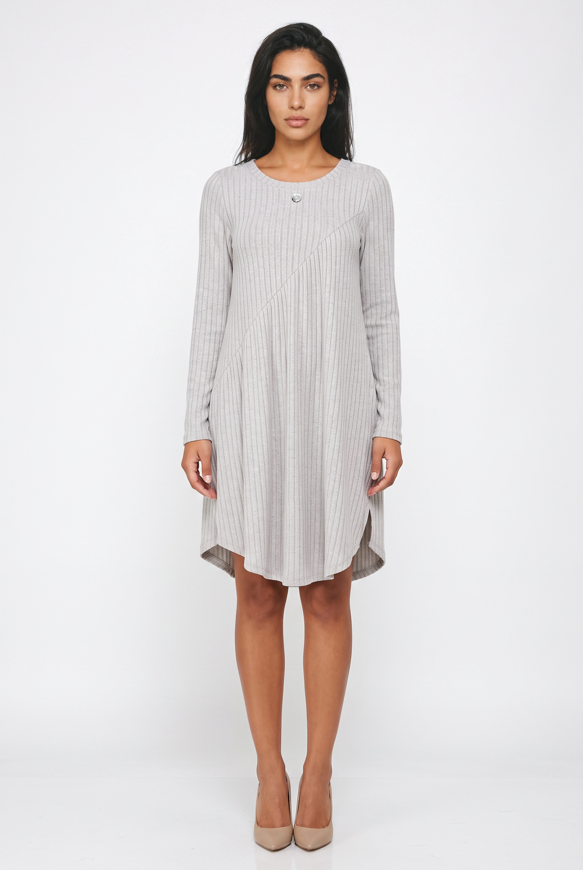Women's Ribbed Jumper Dress - Long Sleeve, Swing Hem, Knitted