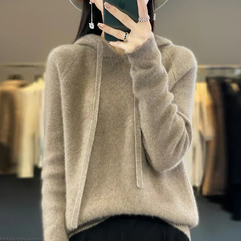 Women's Knit Hooded Jumper – Drawstring Honeycomb Pullover