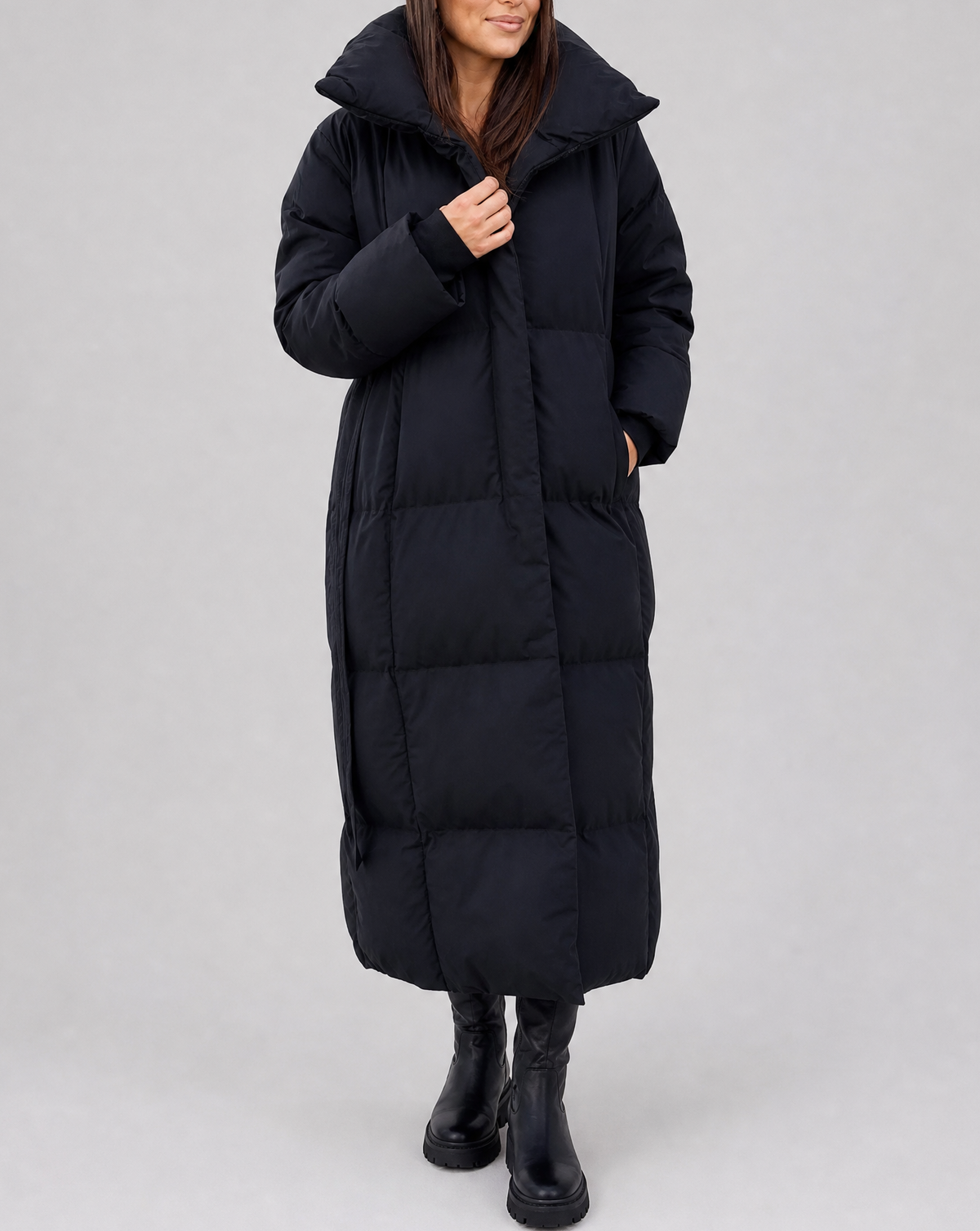 Women's Longline Puffer Coat – Oversized Collar Quilted Jacket