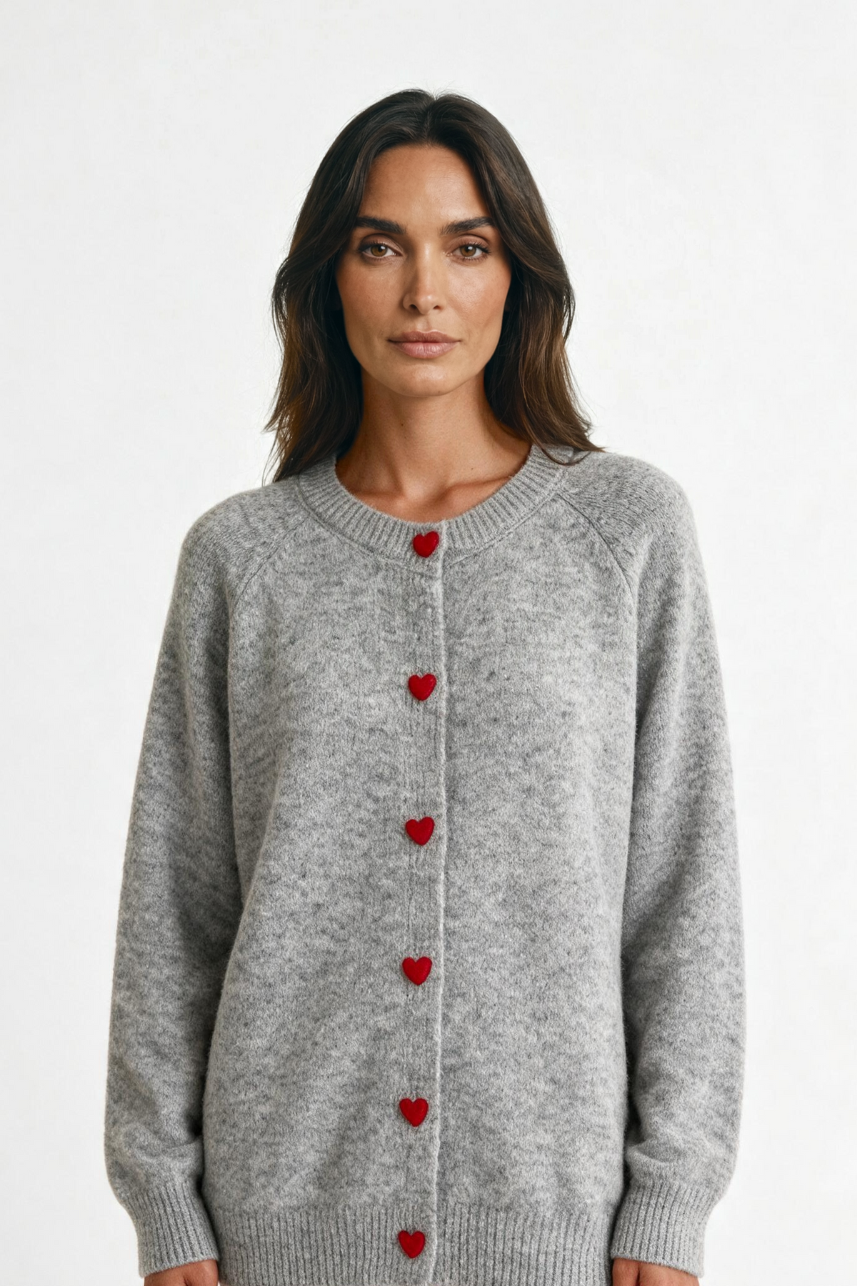 Women's Knit Cardigan – Heart Button Round Neck