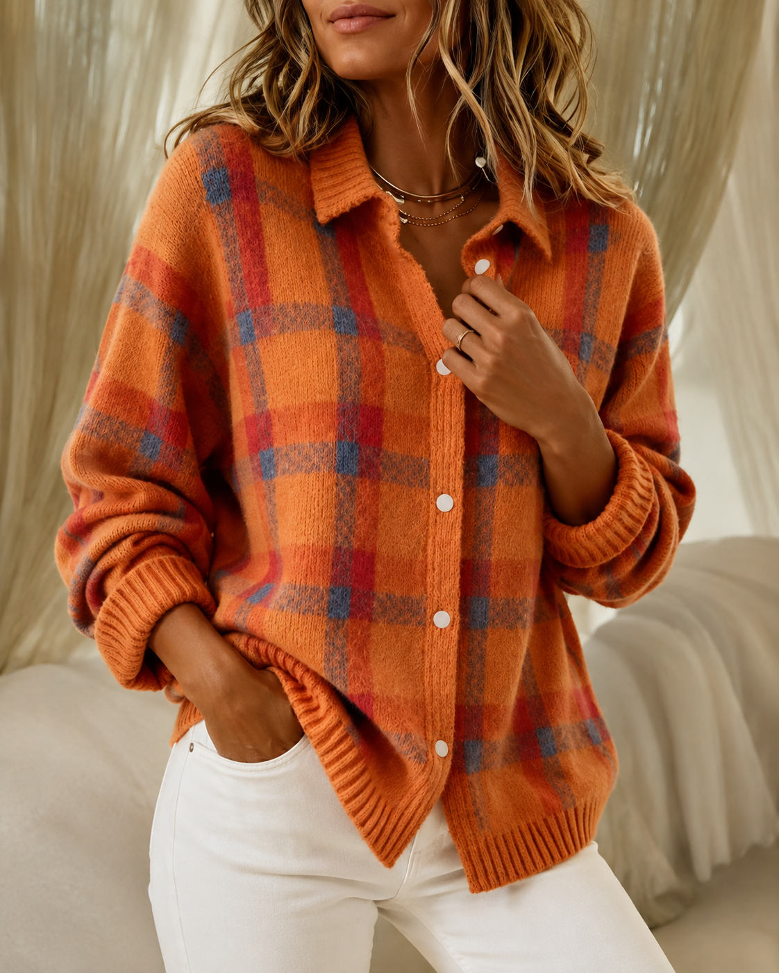 Women's Plaid Knit Cardigan – Button-Up Shacket Top