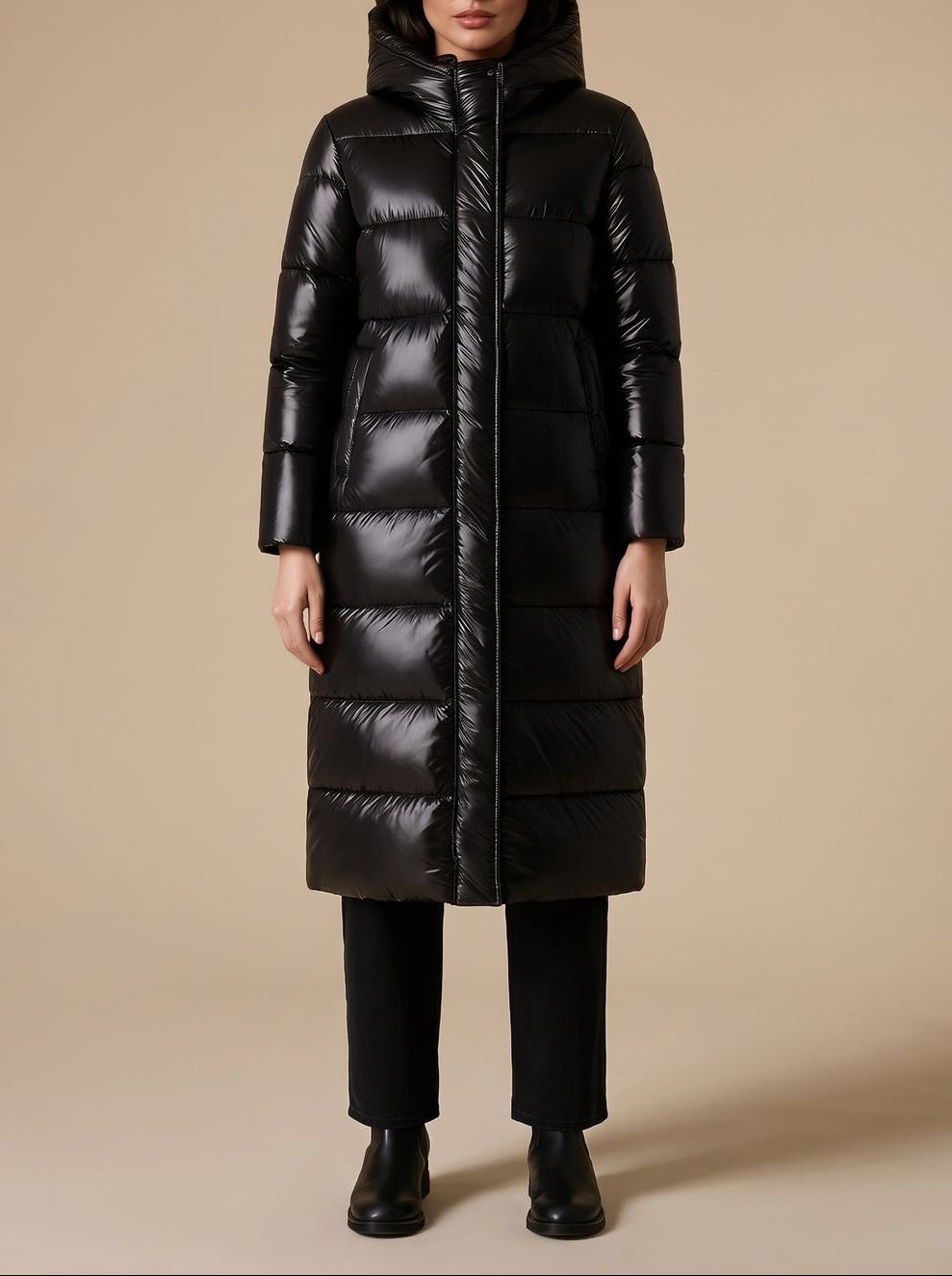 Women's Longline Quilted Puffer Jacket Black