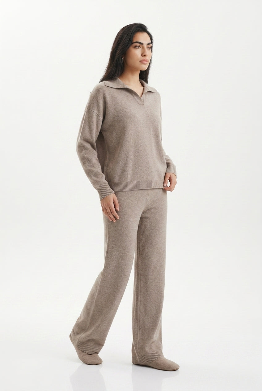 Women's Knitted Co-ord Set – Polo Collar & Wide Leg Trousers