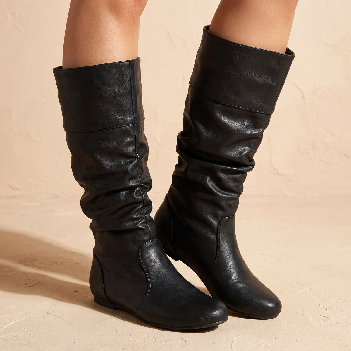 Women's Faux Leather Slouch Boots Flat – Black