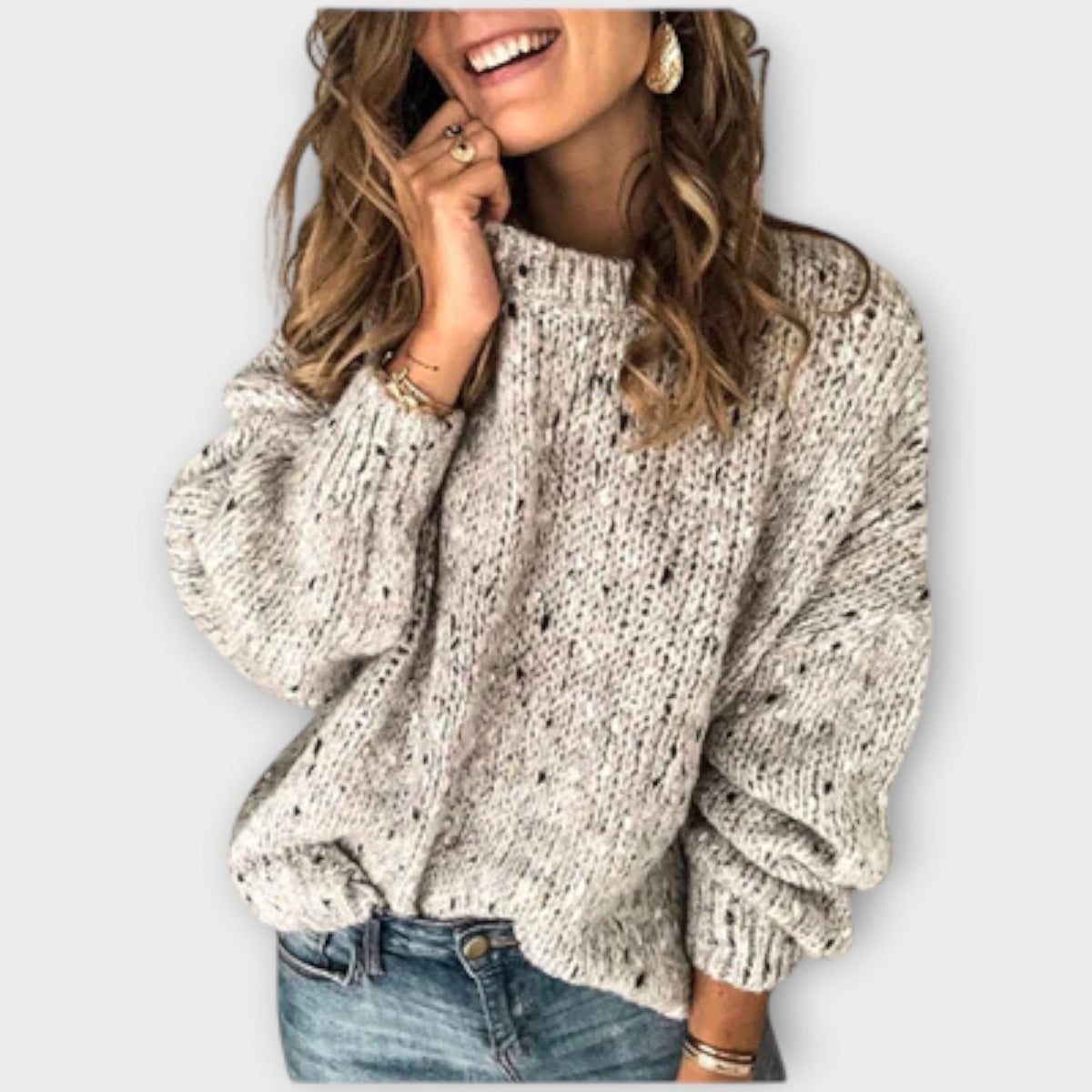 Women's Marled Knit Jumper – Balloon Sleeve Mock Neck Sweater