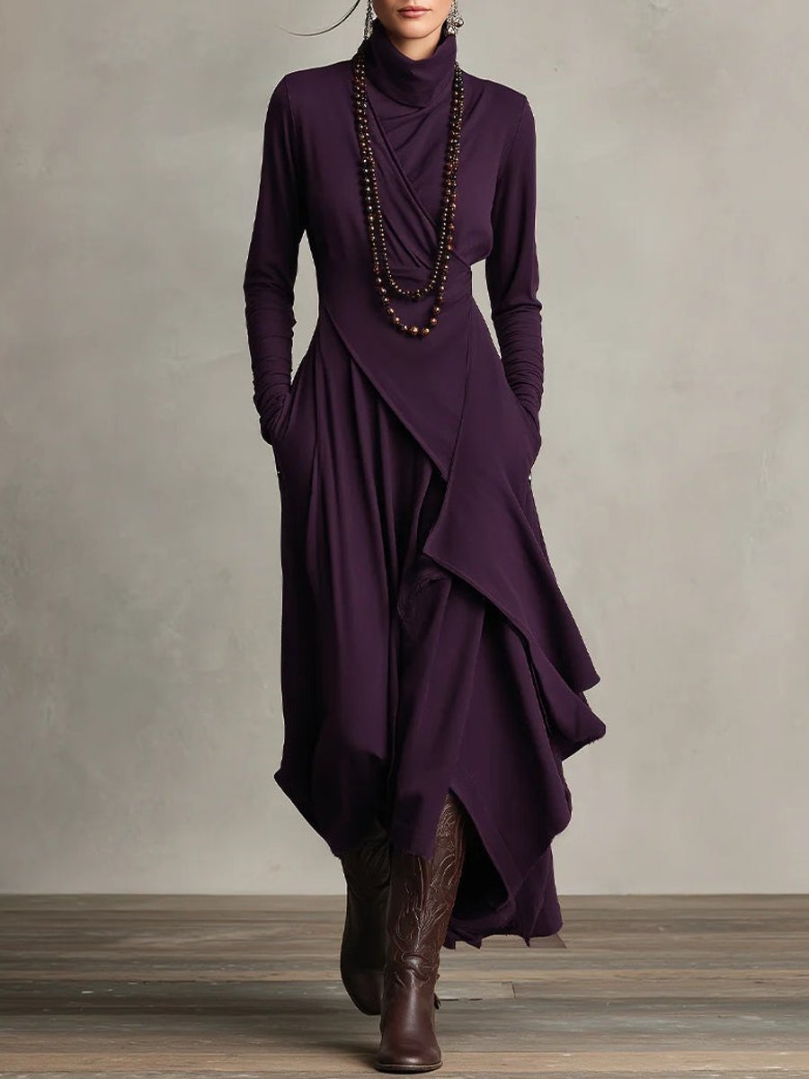Women's Turtleneck Maxi Dress – Draped Asymmetric Hem – Purple