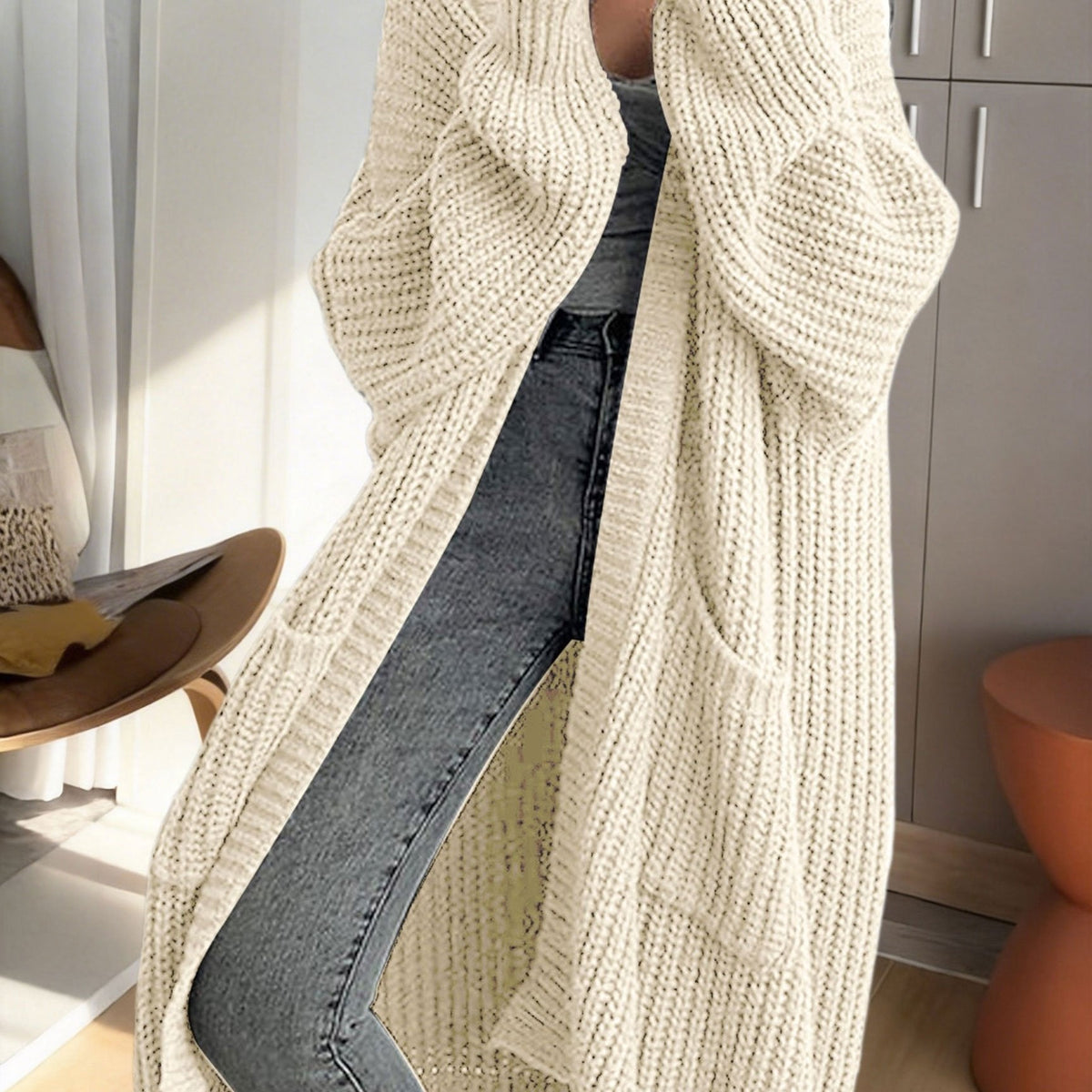 Women's Ribbed Knit Longline Duster Cardigan with Pockets