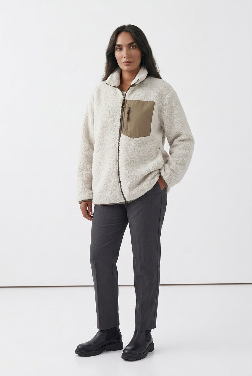 Women's Teddy Fleece Jacket – High Collar Contrast Zip Pocket