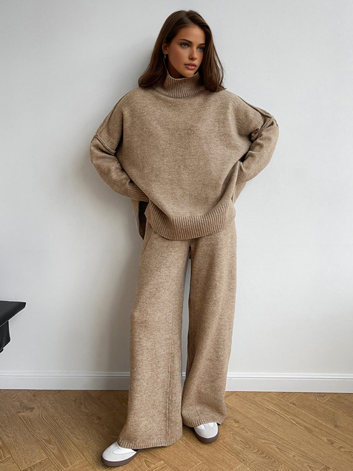 Women's Knitted Co-ord Set – Roll Neck Jumper & Wide Leg Trousers