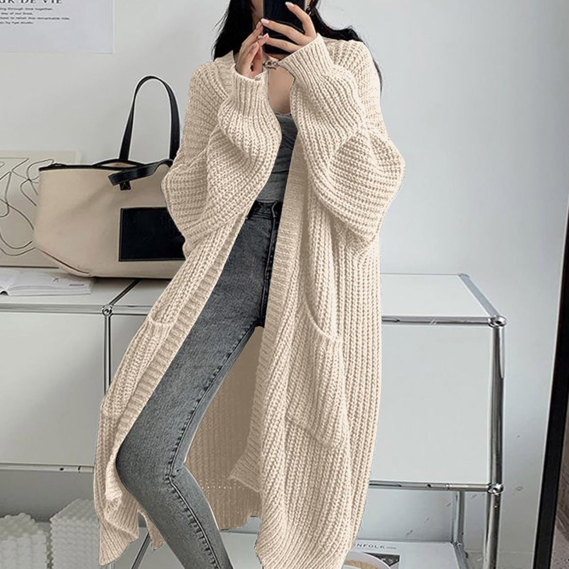 Women's Chunky Knit Longline Cardigan – Open Front with Pockets