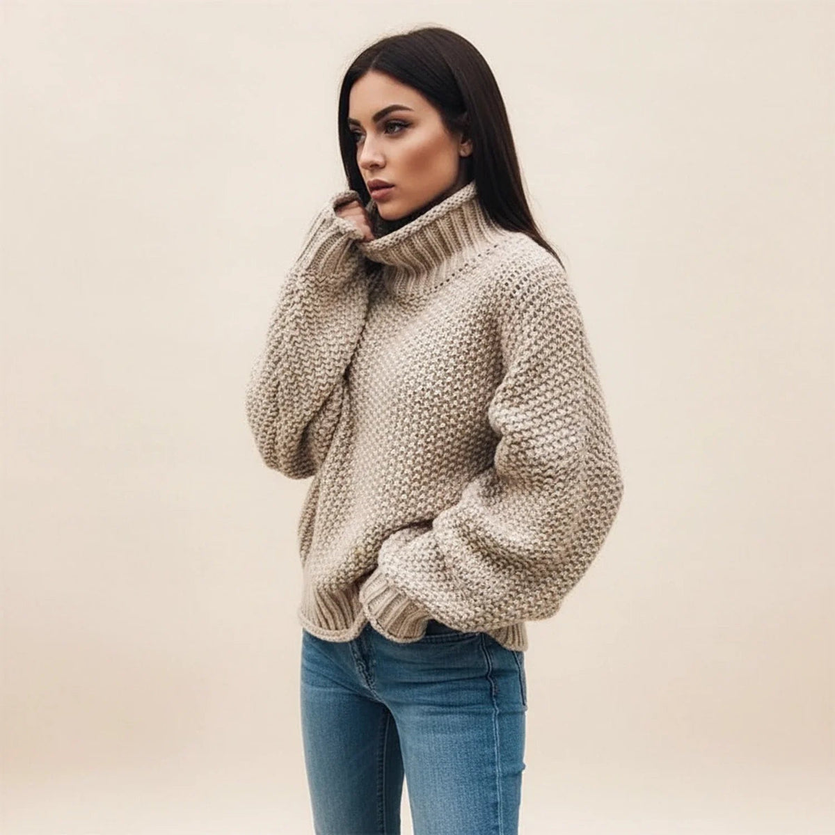 Women's Chunky Knit Jumper – Balloon Sleeve Roll Neck