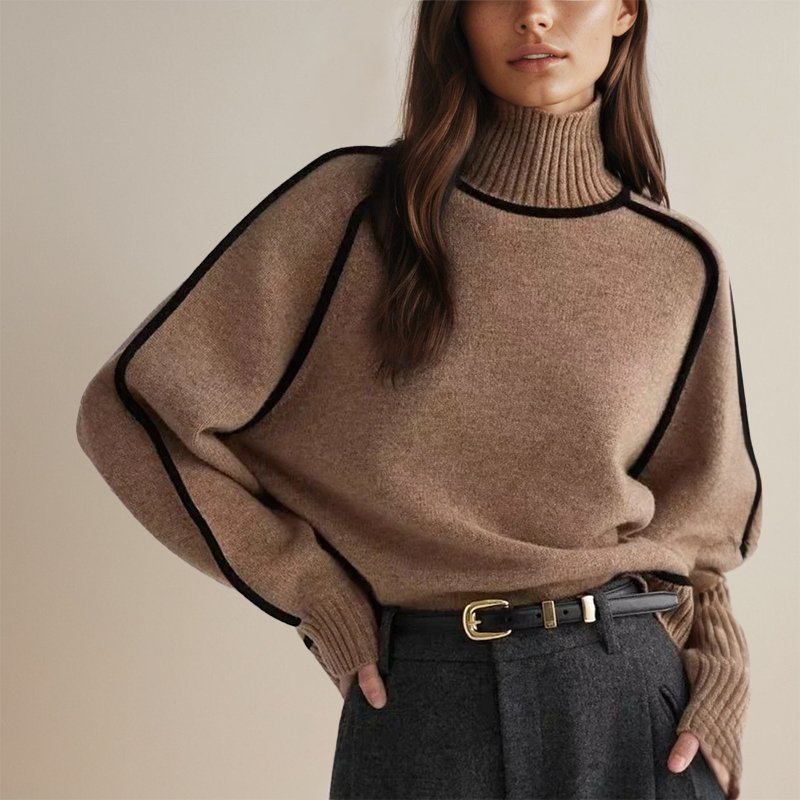 Women's Colour-Block Roll Neck Jumper – Contrast Trim Knit