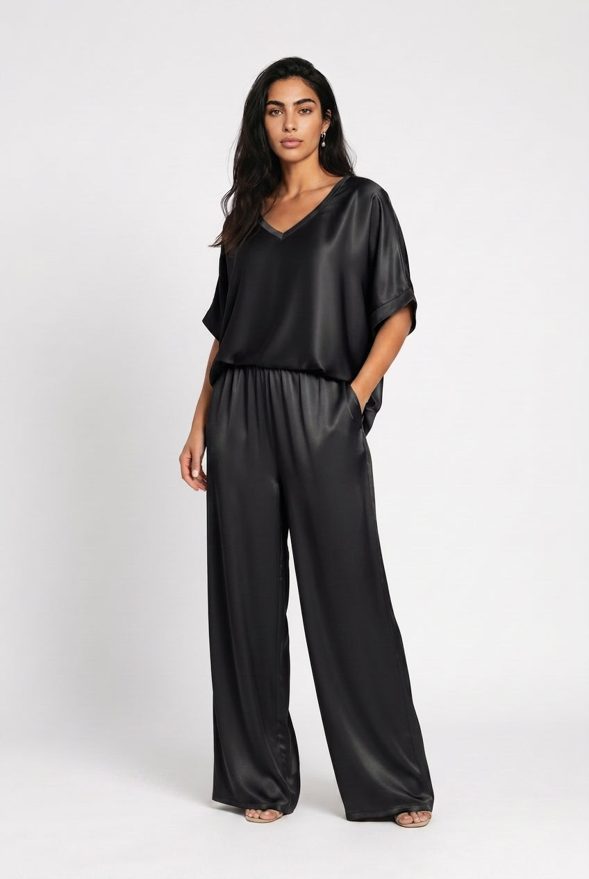 Women's Satin Co-ord Set – V-Neck Top & Wide Leg Trousers