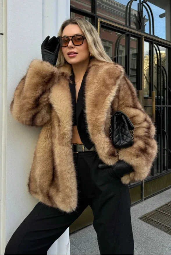 Women's Camel Faux Fur Oversized Coat with Turn-Down Collar