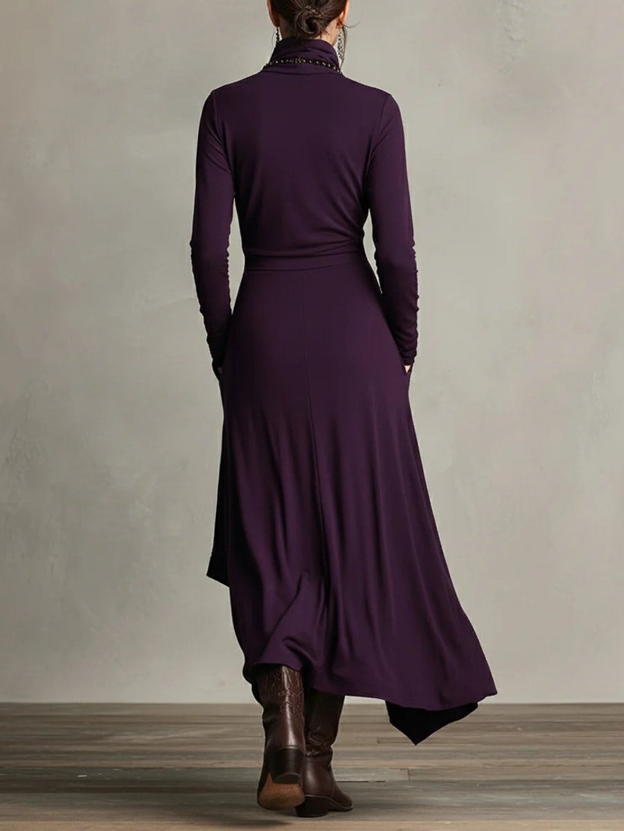 Women's Turtleneck Maxi Dress – Draped Asymmetric Hem