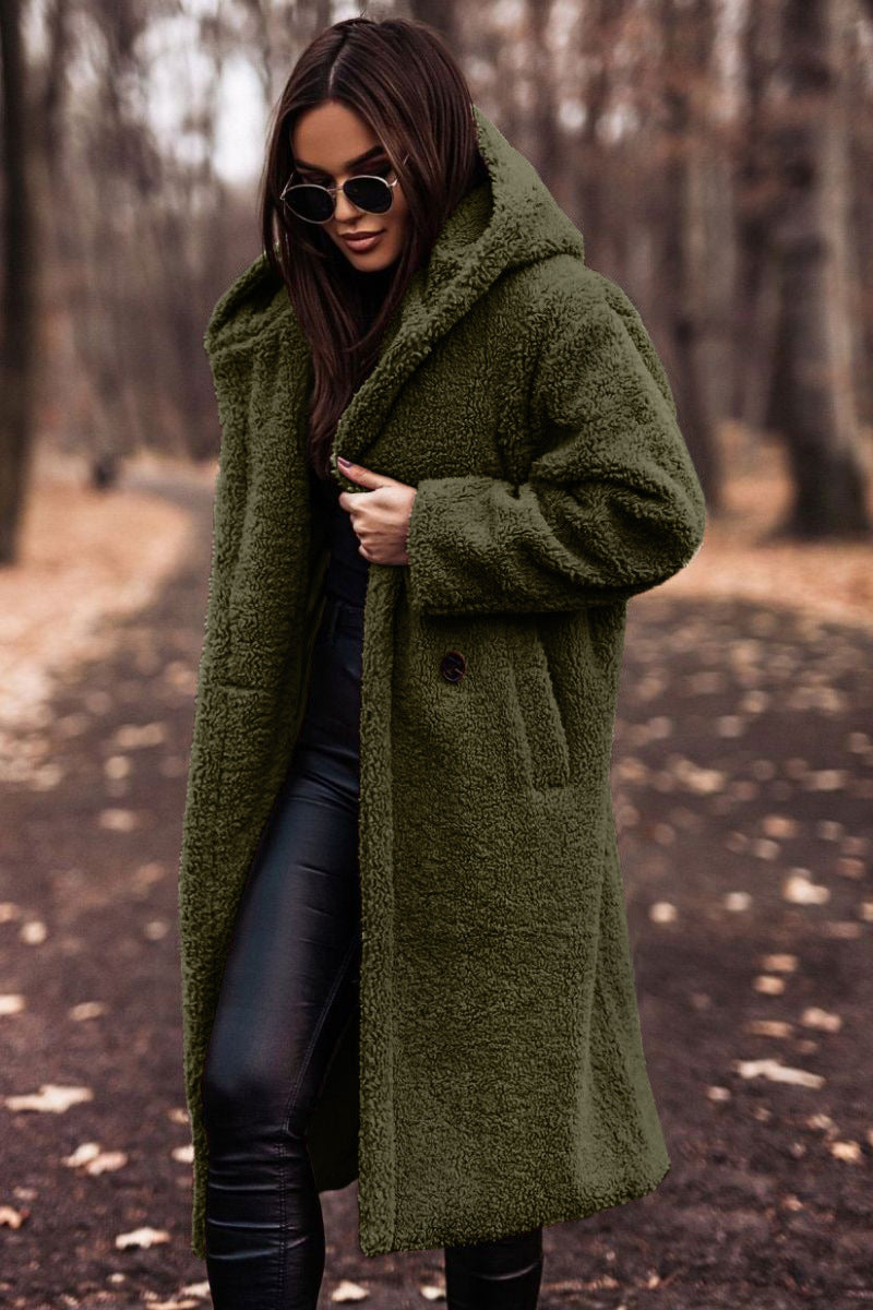 Women's Teddy Longline Coat – Hooded Wool-Blend – Green