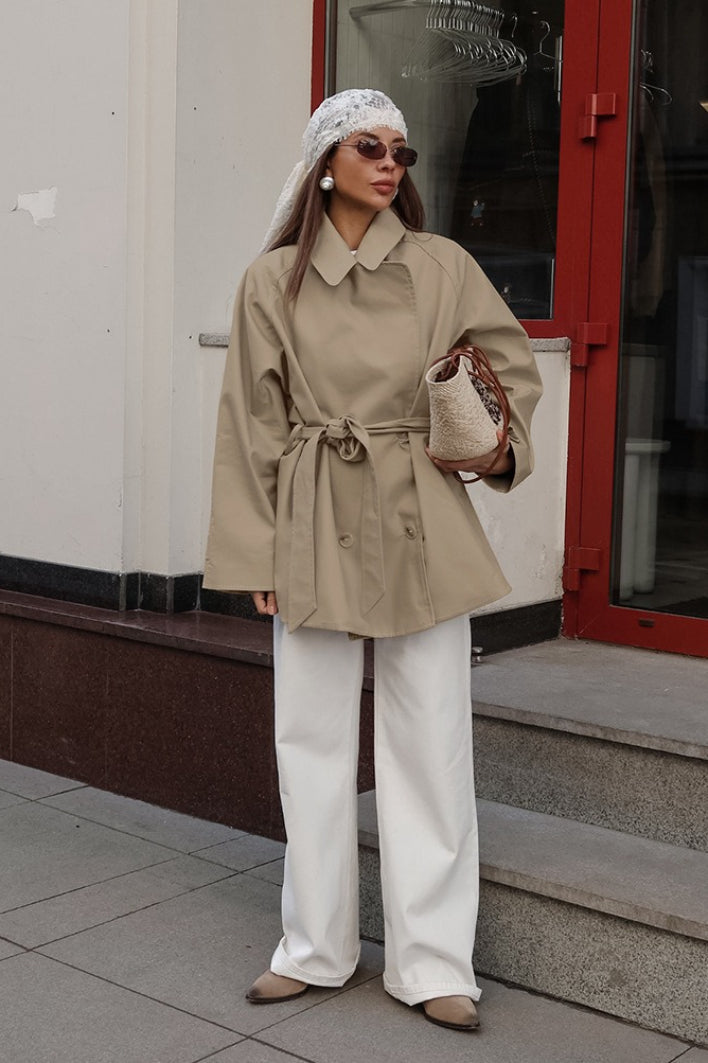 Women's Camel Belted Trench Jacket – Point Collar Short Coat