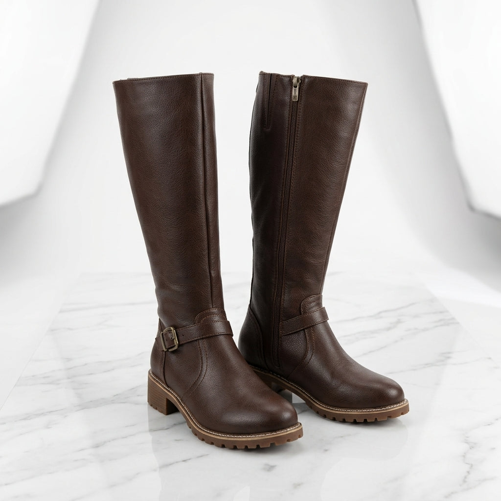 Women's Faux Leather Knee-High Boots – Buckle Detail Block Heel