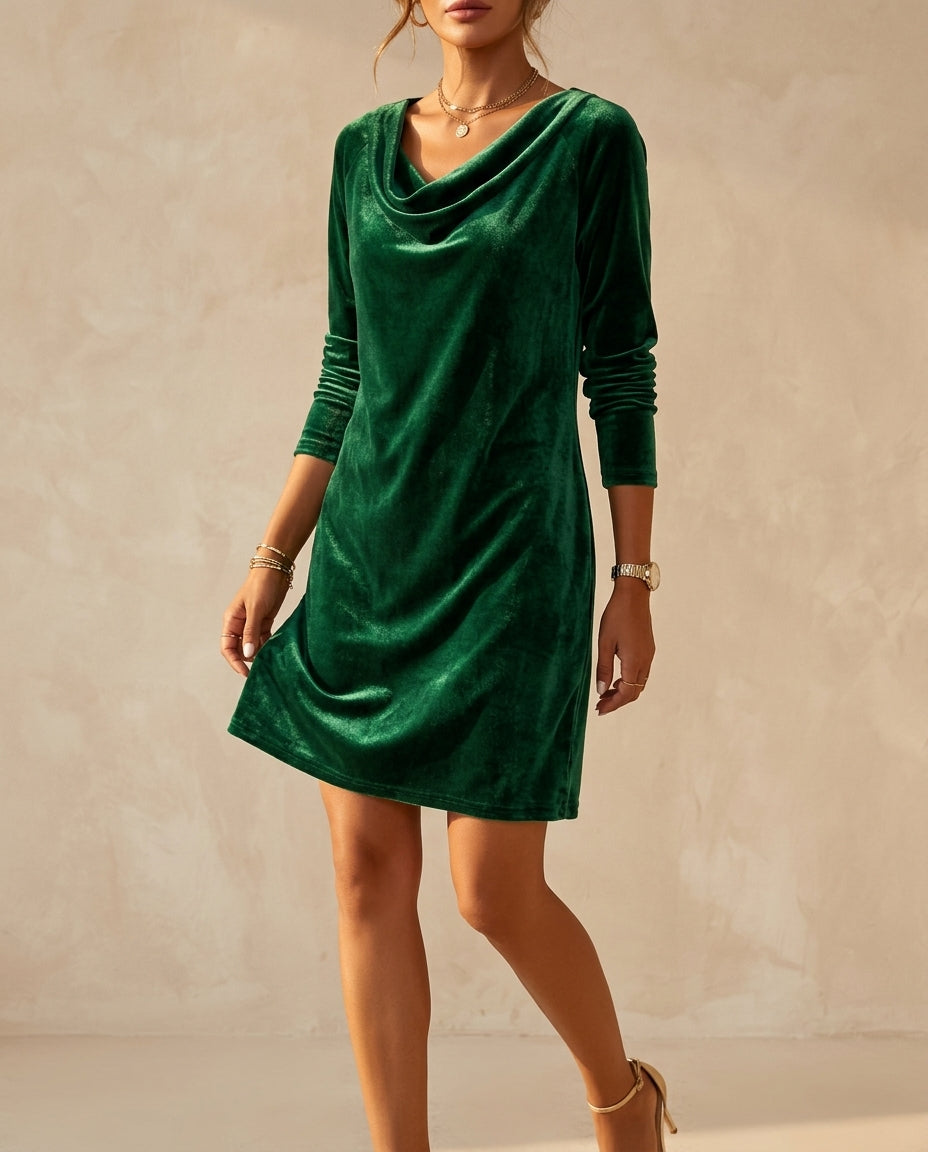 Women's Velvet Cowl Neck Mini Dress – Long Sleeve Evening Dress