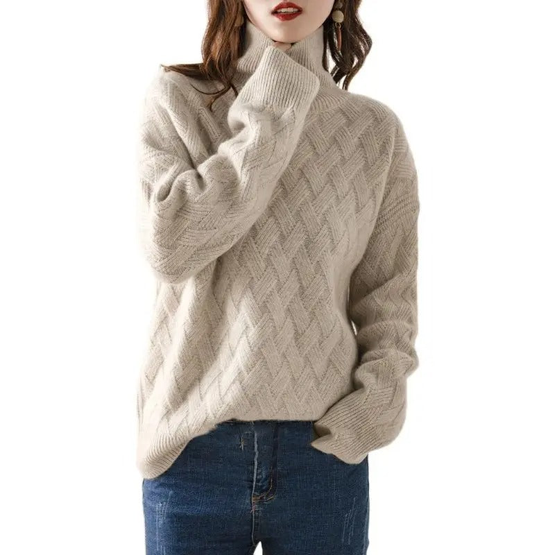 Women's Beige Oversized Turtleneck Jumper – Basket-Weave Knit
