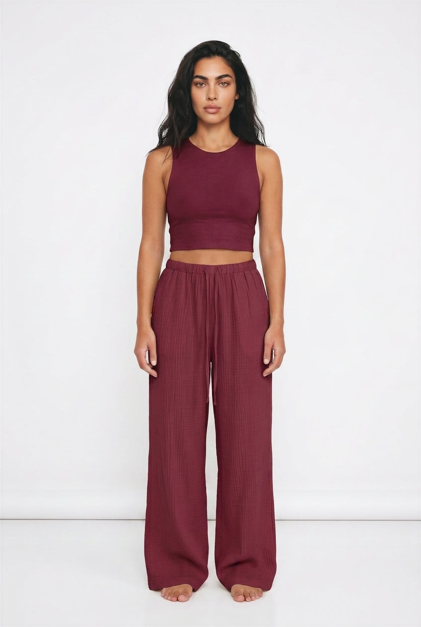 Women's Wide Leg Linen-Look Trousers – Elasticated Waist Relaxed Fit