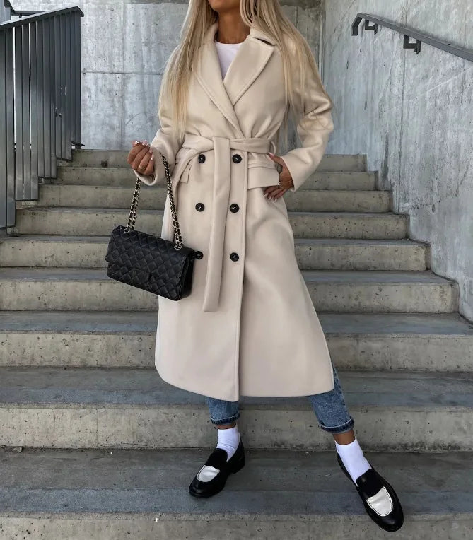 Women's Belted Wool-Blend Long Coat – Khaki