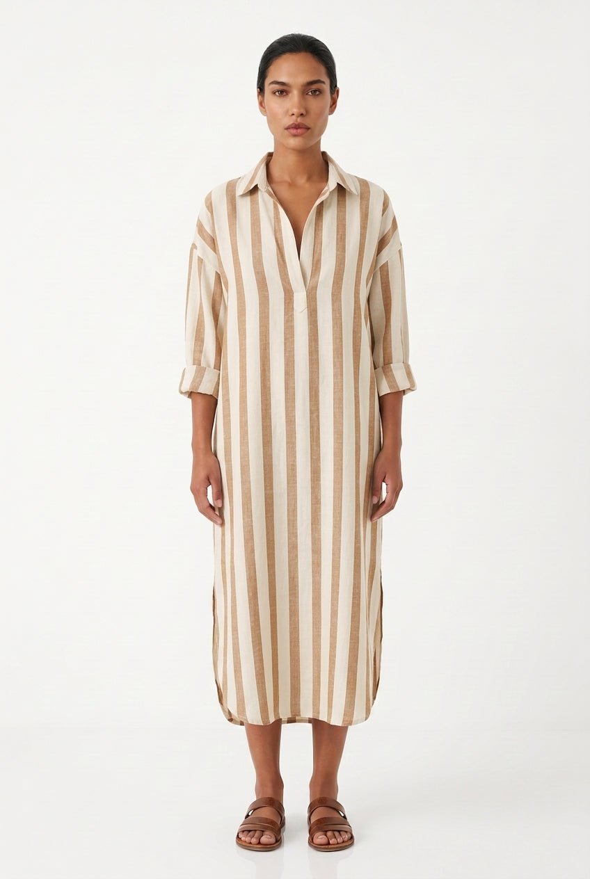 Women's Long Sleeve Maxi Dress – Striped Shirt Dress