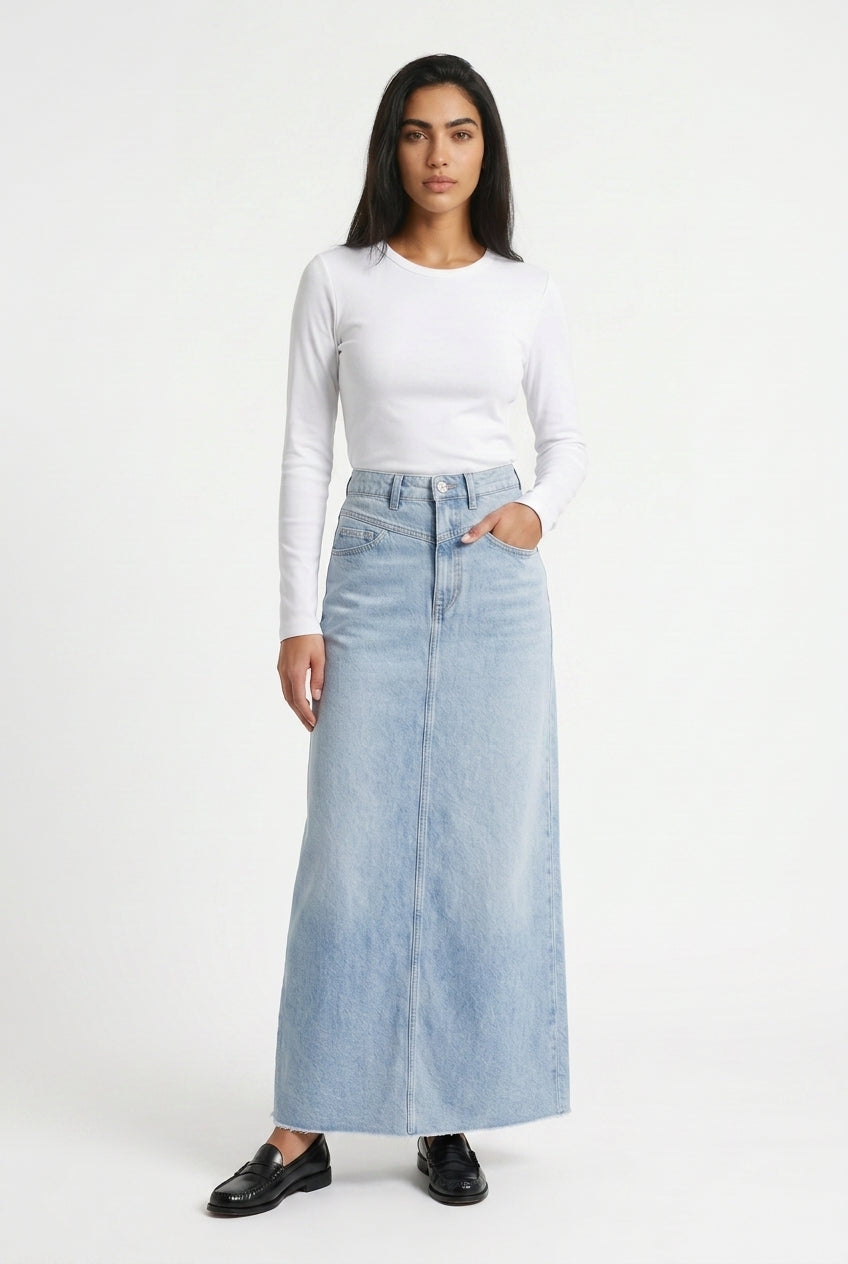 Women's Denim Maxi Skirt – High Waist A-Line Frayed Hem