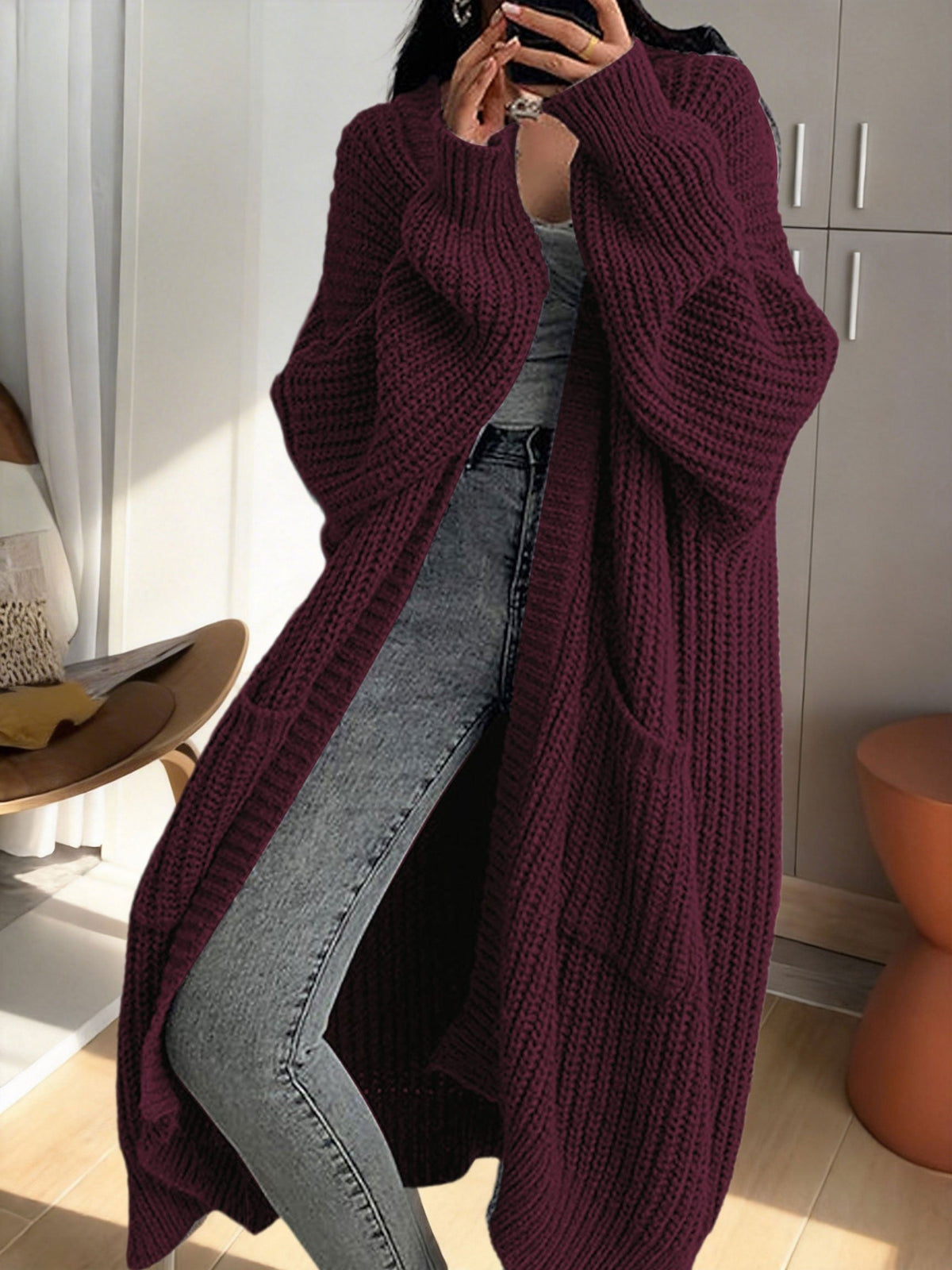 Women's Ribbed Knit Longline Duster Cardigan with Pockets