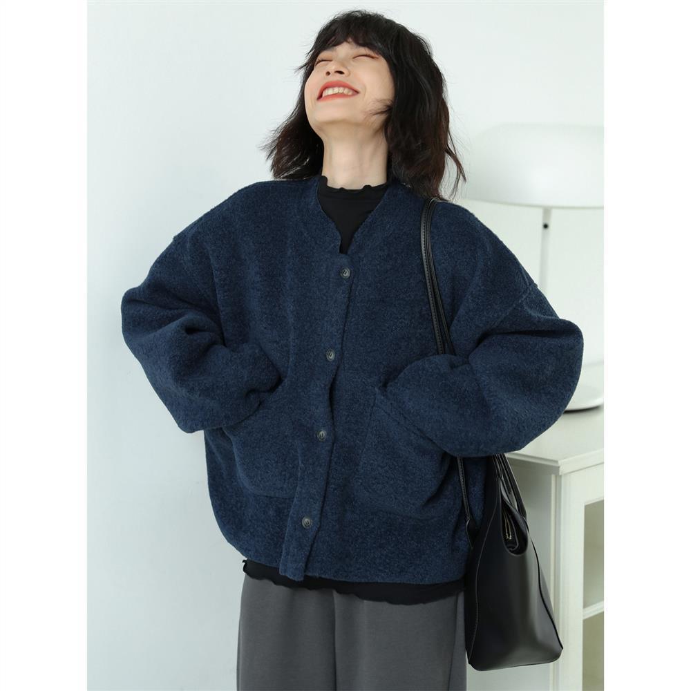 Women's Navy Boucle Jacket – Collarless Crop