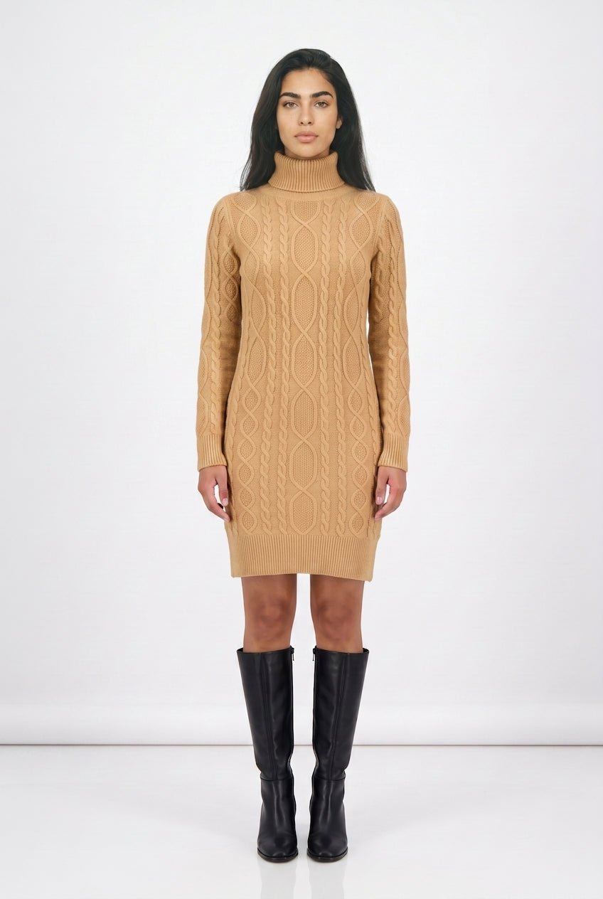Women's Cable Knit Roll Neck Jumper Dress