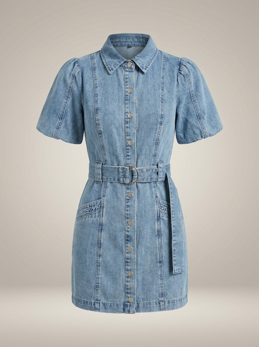 Women's Denim Mini Dress – Belted Puff Sleeve Shirt Dress