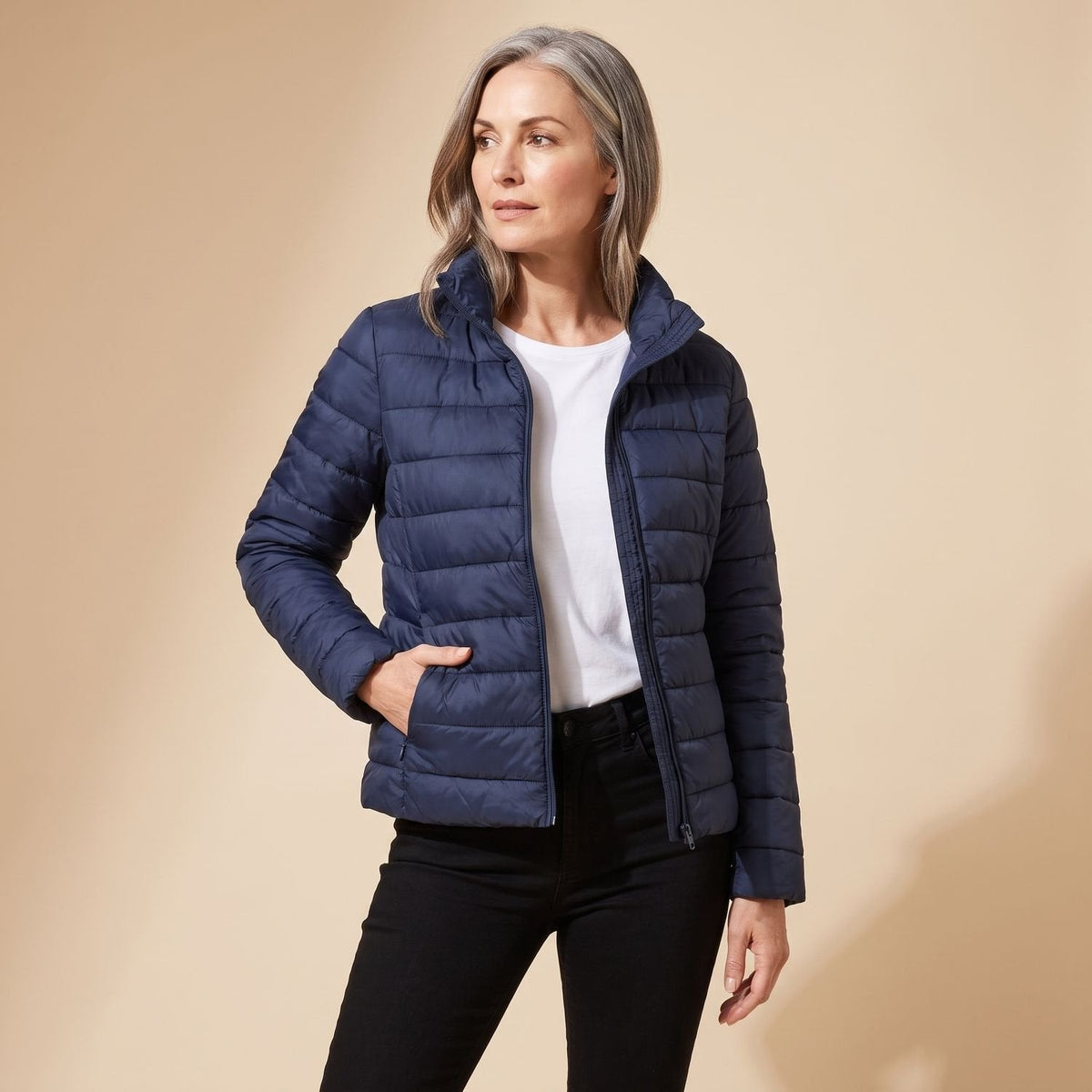 Women's Navy Hooded Quilted Puffer Coat