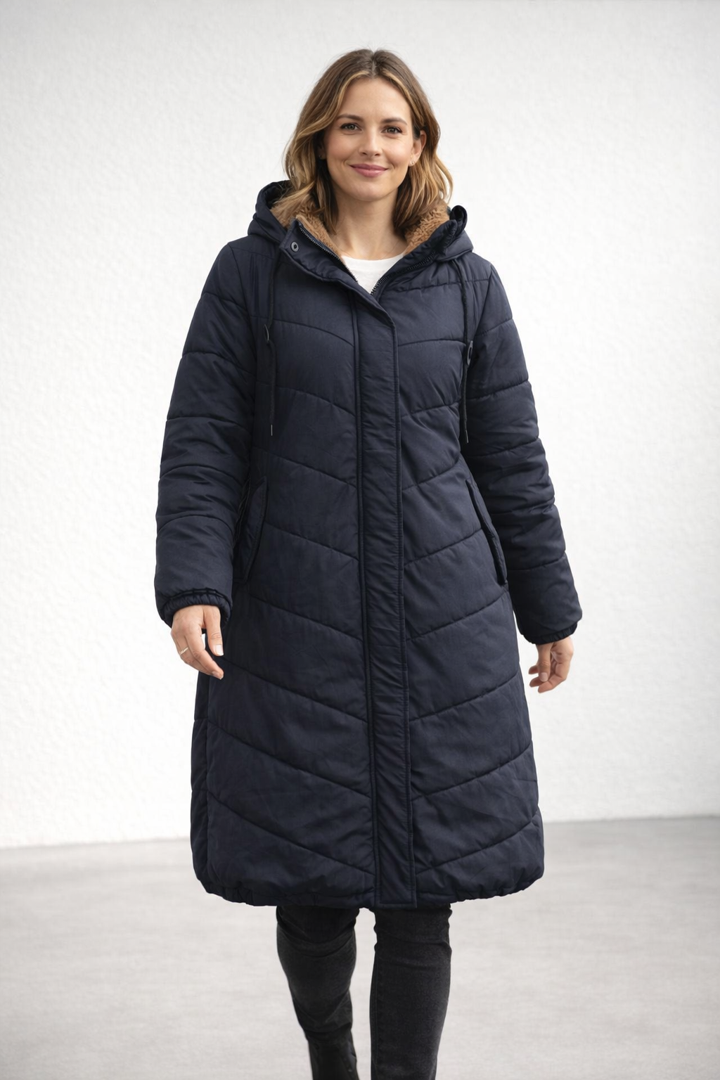 Women's Navy Quilted Longline Coat with Faux Fur Hood