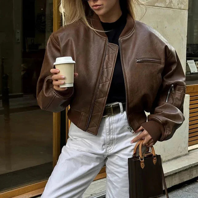 Women's Brown Faux Leather Bomber Jacket – Cropped Vintage Style