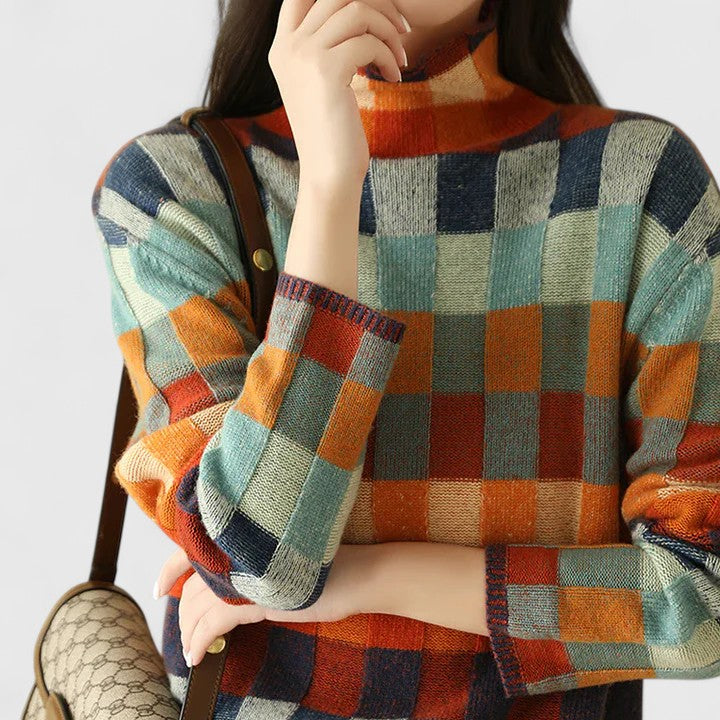 Women's Checkered Mock Neck Jumper – Colourblock Knit Sweater