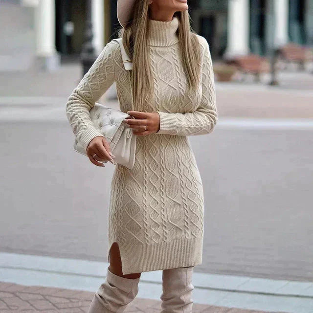 Women's Cable Knit Roll Neck Jumper Dress