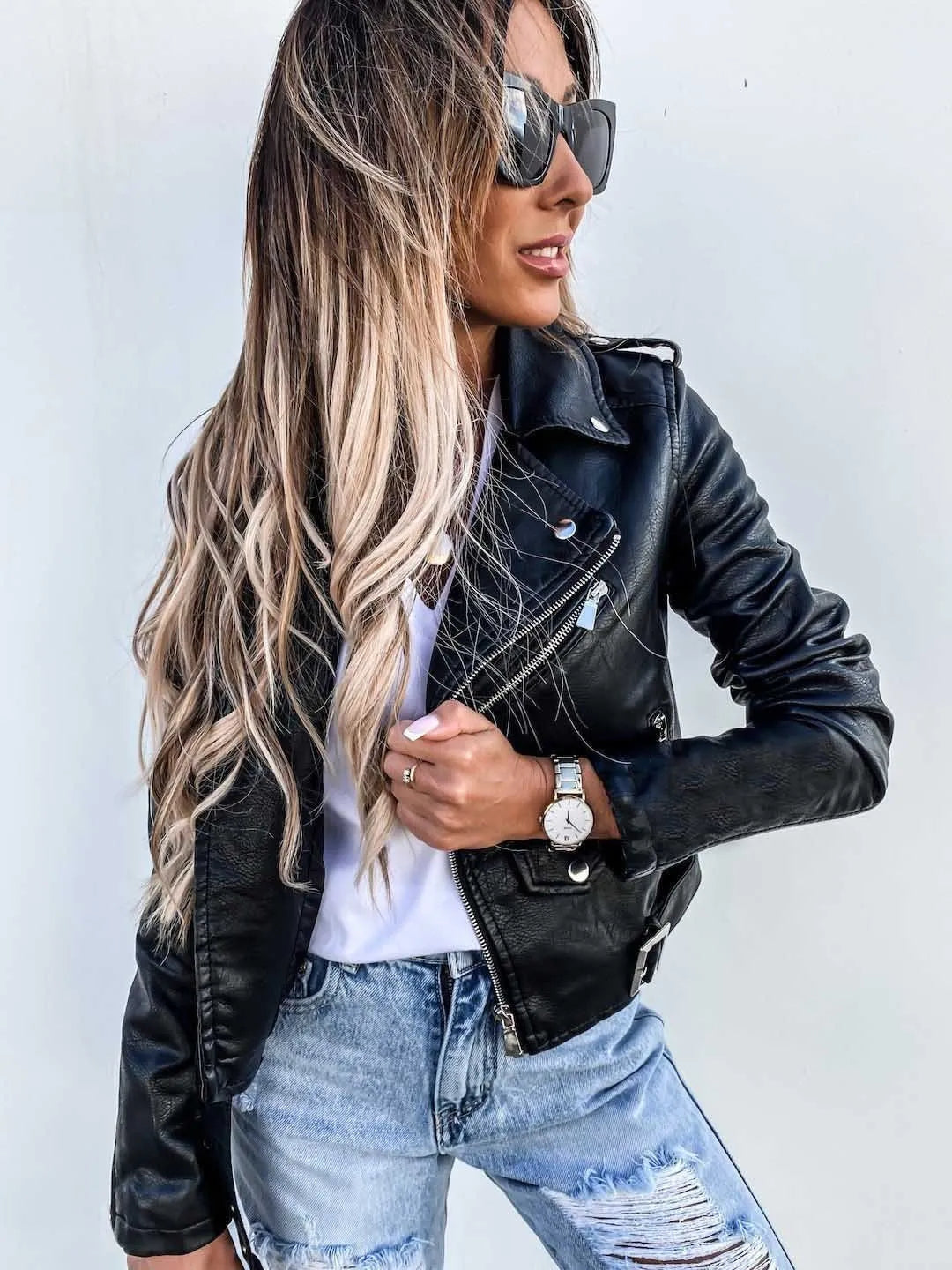 Women's Faux Leather Biker Jacket – Zip Front Moto Jacket
