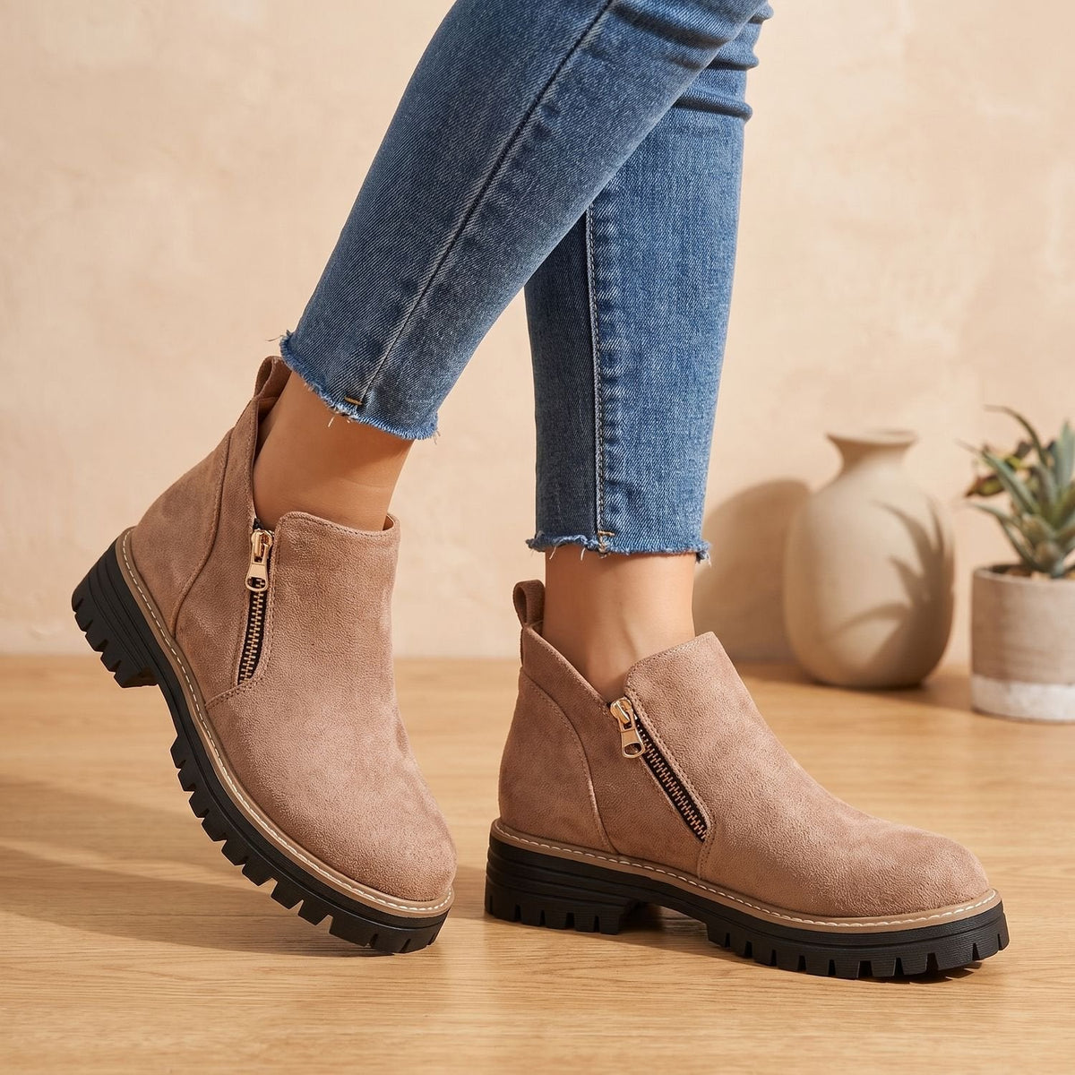 Women's Waterproof Ankle Boots Lugged Sole – Brown
