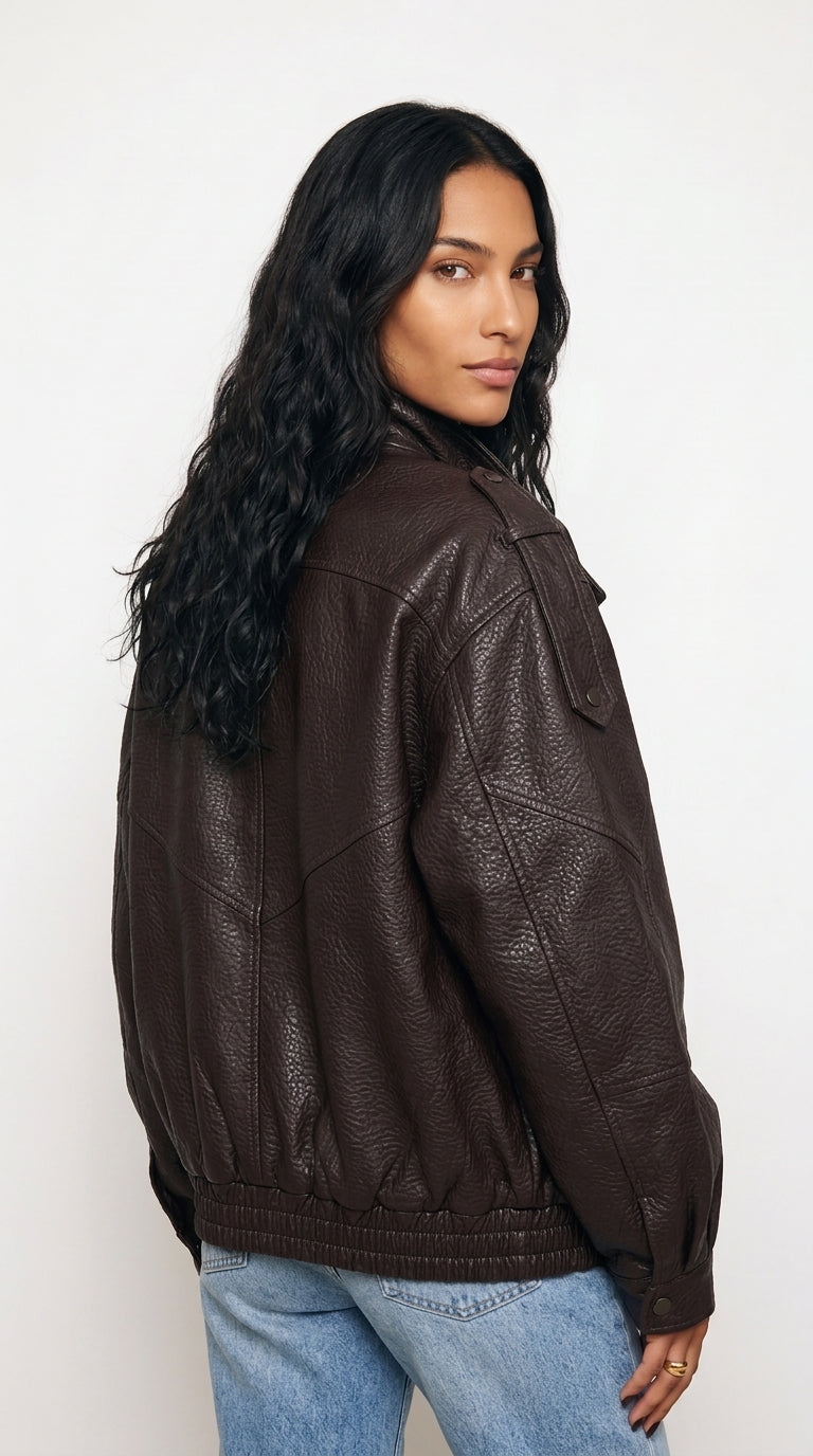 Brown Oversized Leather Bomber Jacket Women | Faux Leather Collar
