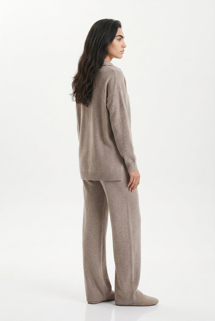Women's Knitted Co-ord Set – Polo Collar & Wide Leg Trousers