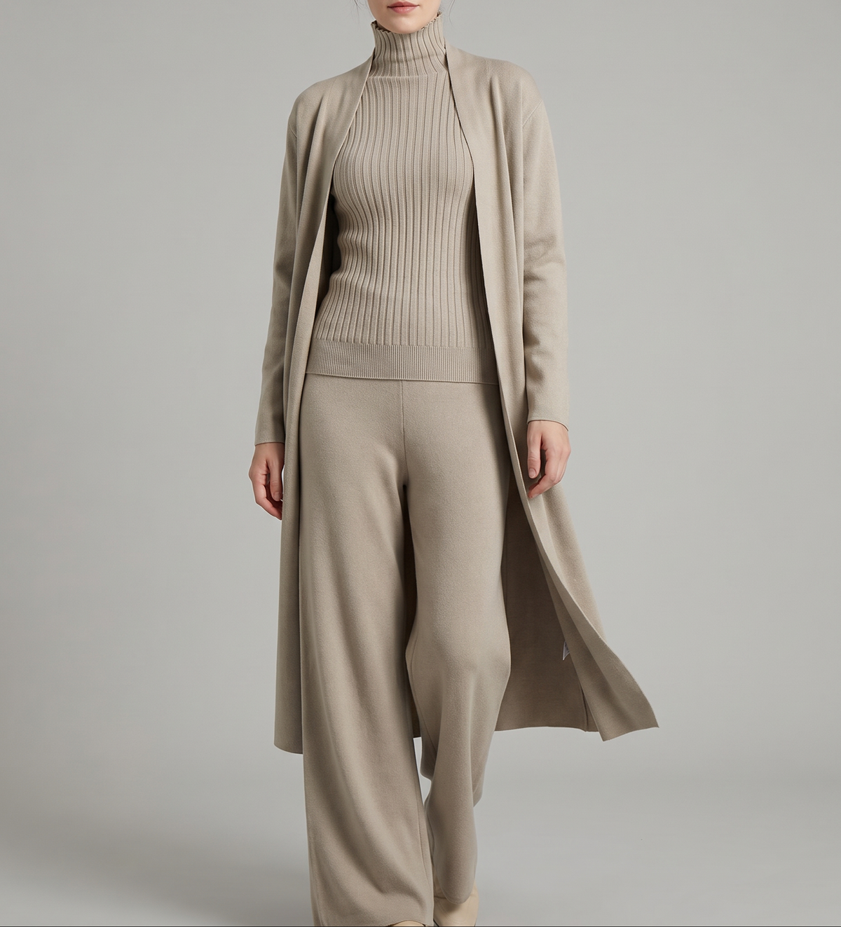 Women's Knit Co-ord Set – Longline Cardigan, Jumper & Wide Leg Trousers