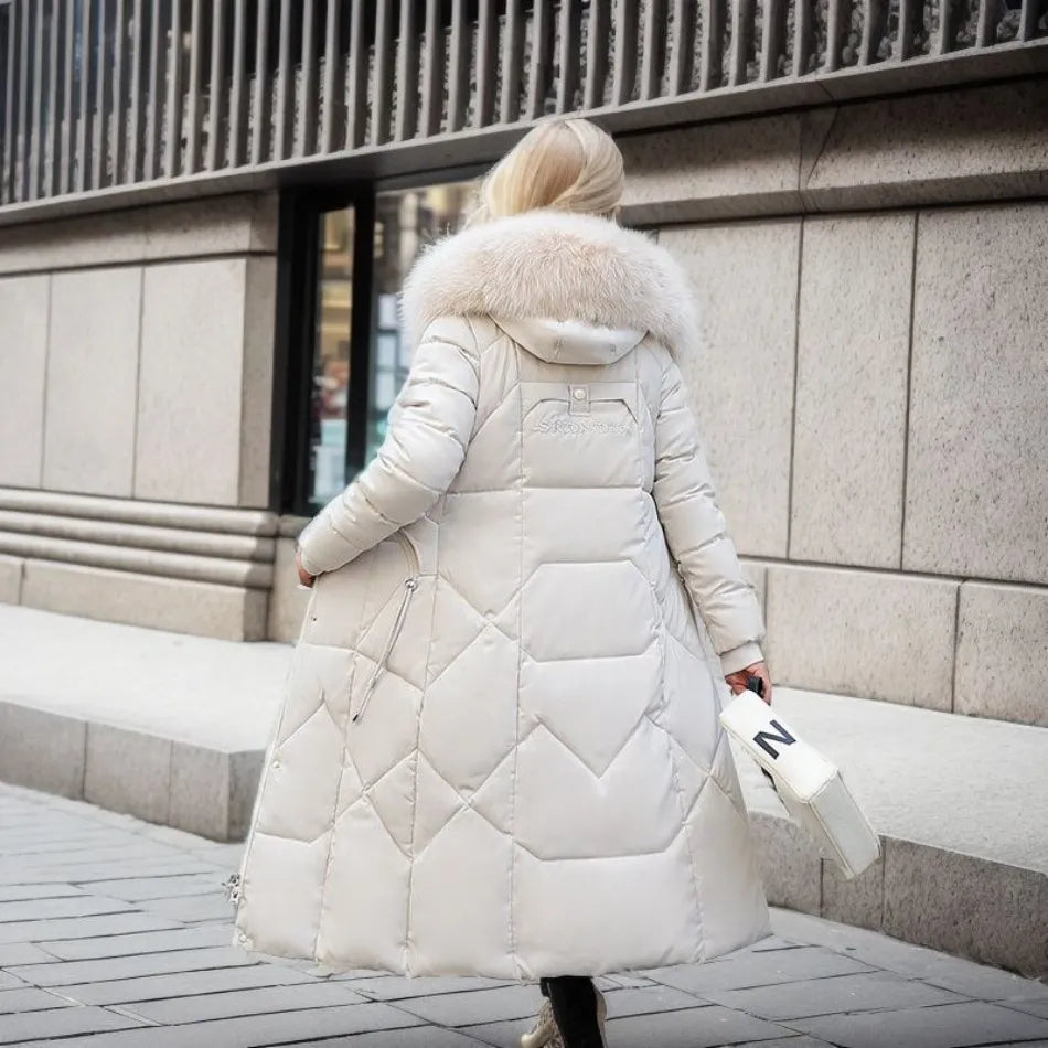 Women's Long Puffer Coat with Faux Fur Hood