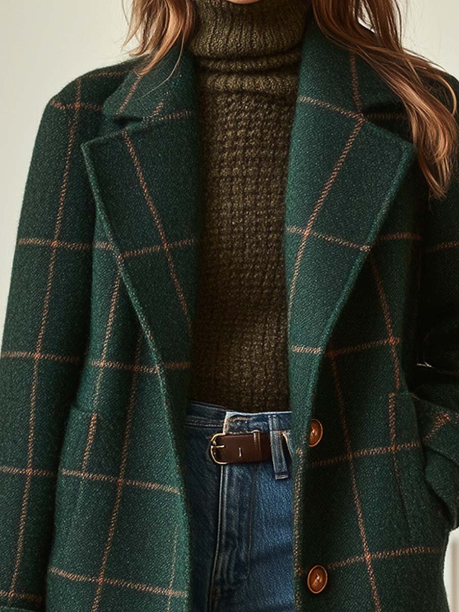 Women's Wool Check Coat – Lapel Collar