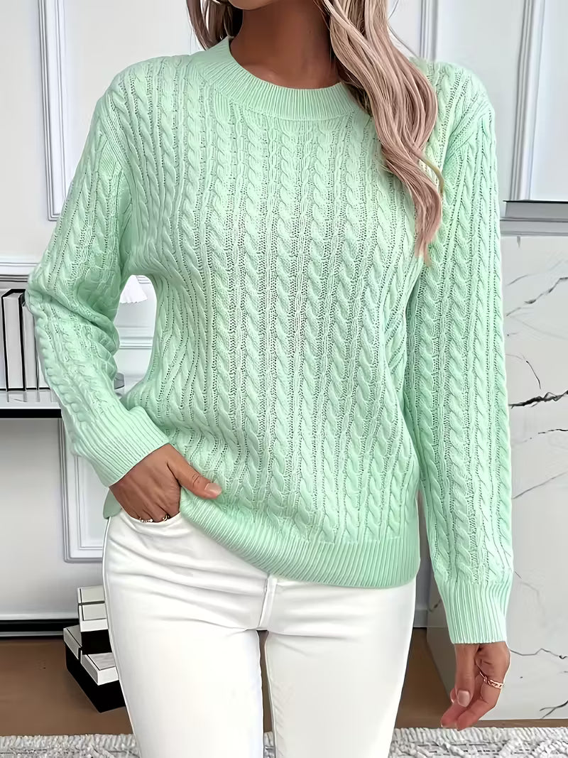 Women's Cable Knit Crew Neck Jumper – Ribbed Cuff Sweater