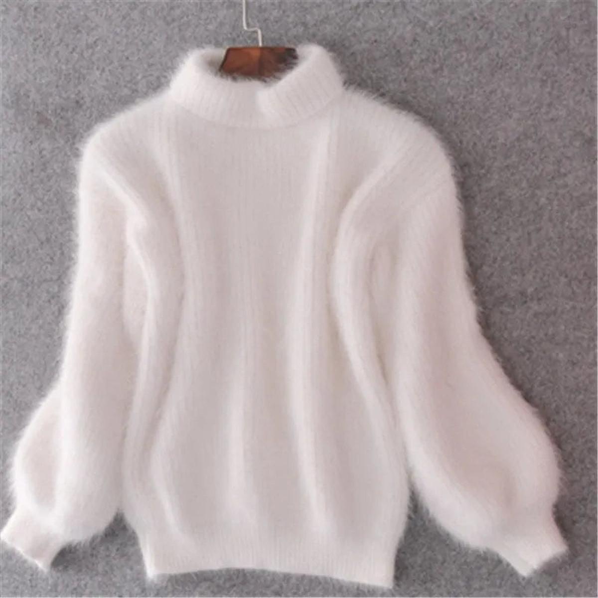 Women's Fluffy High Collar Jumper – White