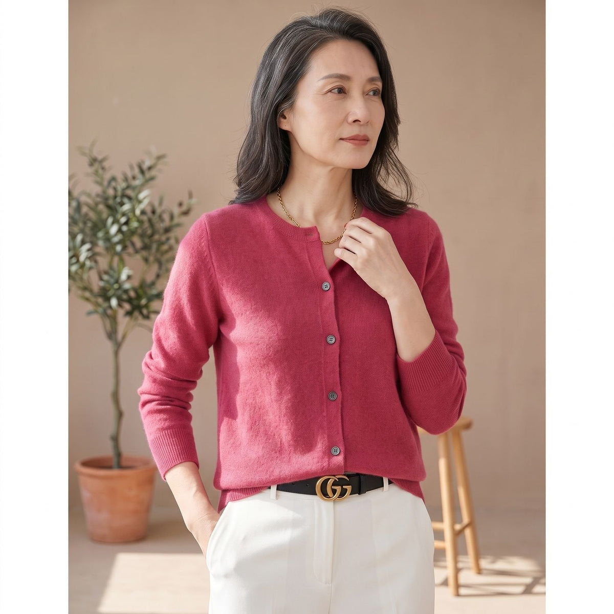 Women's Merino Wool Cardigan – Button-Front O-Neck – Hot Pink