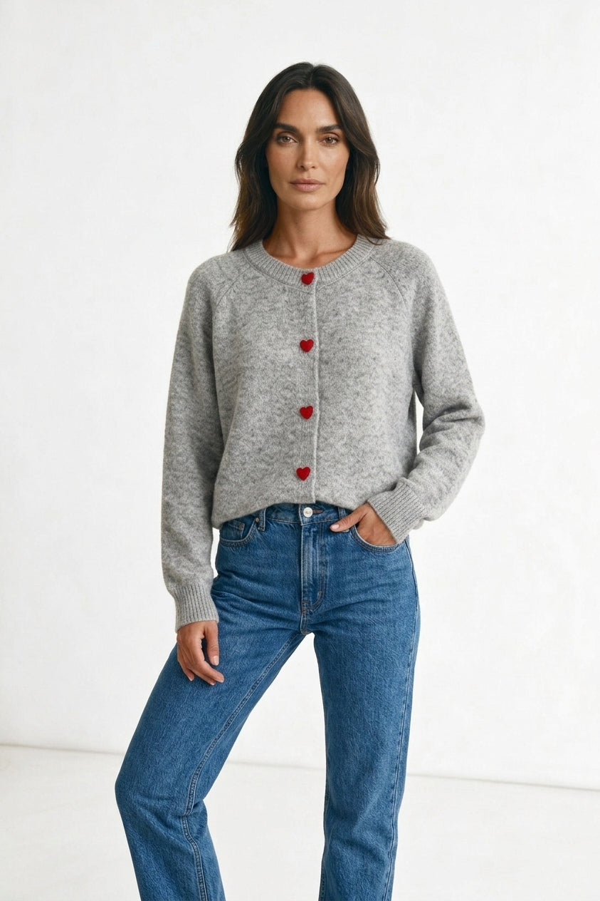Women's Knit Cardigan – Heart Button Round Neck