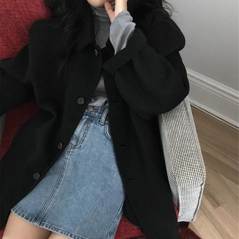 Women's Wool-Blend Coat Notched Lapel Longline
